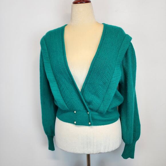 Vintage Sideffects Sweater Size M Green Pearl Buttons Balloon Sleeve Deep Neck - Picture 3 of 16